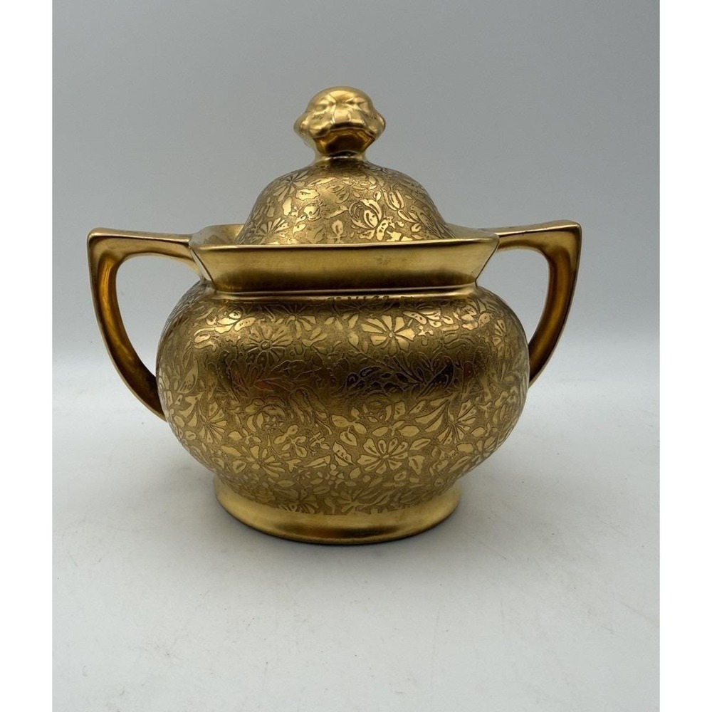 Vintage Wheeling Decorating Co Gold Encrusted Floral‎ Covered Sugar Bowl #598